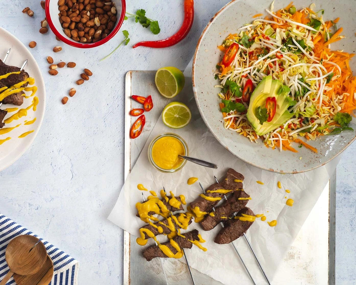 Beef Satay with Easy Peanut Sauce and Avocado Carrot Thai Slaw – Pure South Shop